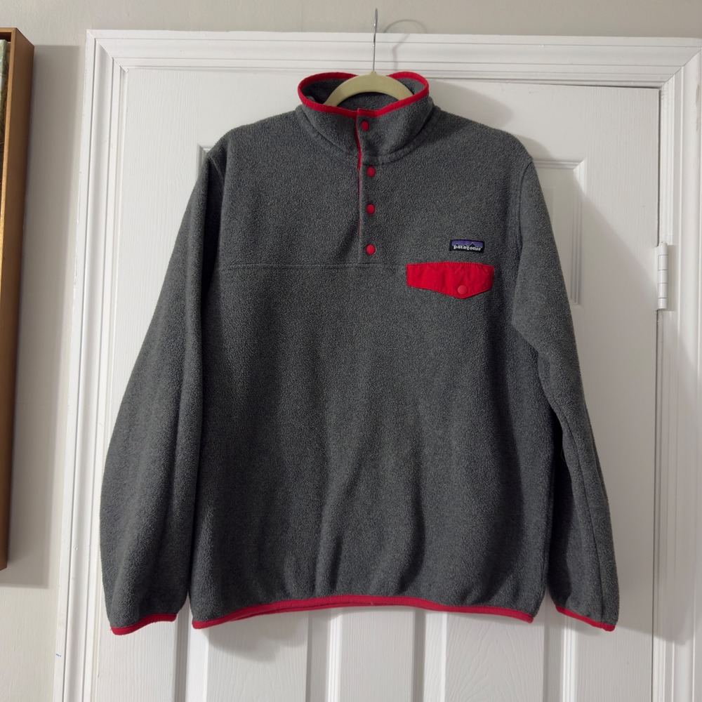 Patagonia Synchilla Snap-T Fleece Pullover Women's L Gray Red Pocket Outdoor